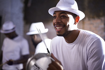 Image showing Live music, smile and man with percussion instrument and band mates on stage in South Africa. Happy black person, drummer and musician for playing, singing and dancing in night club performance