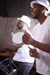 Image showing Music, concert and man with tambourine, percussion instruments and band mate on stage in Sao Paulo. Happy black men, drummer and musician for playing, singing and dancing in night club performance