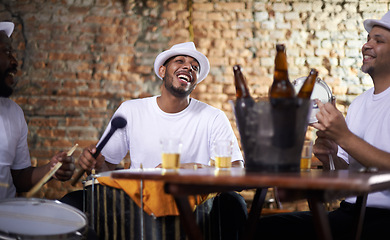 Image showing Band, drums and playing or percussion performance with music talent together for practice, concert or sound. Artist, professional and entertainment in Rio de Janeiro with equipment, beer or friends