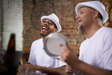 Image showing Happy man, band and percussion with music for performance, audition or singing at musical event. Male person or group of musicians playing instruments for sound or fun local entertainment at concert