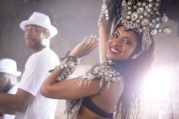 Image showing Portrait, dance and carnival with woman in Brazil for music, festival or celebration of culture. Rio de Janeiro, party and smile with happy dancer person outdoor for performance, show or tradition