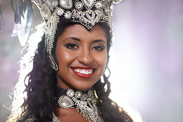 Image showing Portrait, music and carnival with woman in Brazil for party, festival or celebration of culture. Rio de Janeiro, dance and smile with face of dancer person outdoor for performance, show or tradition