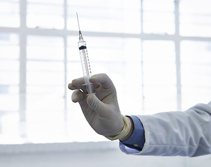 Image showing Doctor, hand and syringe or vaccine injection or influenza virus treatment for prevention, booster or flu shot. Person, fingers and gloves as immunization vial or antibiotic, medication or allergy