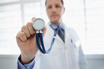 Image showing Man, doctor and stethoscope for cardiology consultation or heart rate listening for healthcare, wellness or treatment. Male person, equipment and monitor for medical service, diagnosis or examination