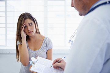 Image showing Doctor, woman and consultation or paperwork or worry for diagnosis checklist or results, headache or virus. Patient, healthcare and document in hospital for migraine prescription, test or treatment