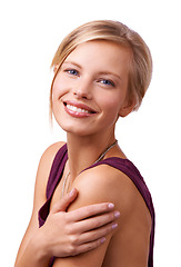 Image showing Fashion, beauty and portrait of woman on a white background for wellness, skincare and beauty. Happy, attractive and natural face of isolated person with confidence, cosmetics and smile in studio