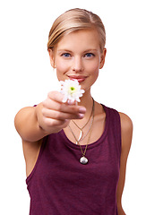 Image showing Studio, woman or giving a flower in portrait by white background or gift of perfume for botanicals. Model, present or creative inspiration with daisy for stress relief or kindness on face with plant