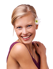 Image showing Flower, beauty and portrait of woman on a white background for skincare, wellness and aesthetic. Happy, attractive and isolated person with floral, bloom or plant for natural cosmetics in studio