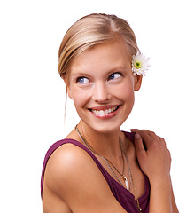 Image showing Flower, happy and face of woman on a white background for skincare, wellness and spa aesthetic. Beauty, attractive and isolated person with floral, bloom and plant for natural cosmetics in studio