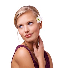 Image showing Studio, young woman and thinking with flower by white background for natural skincare with botanicals. Model, cosmetology or inspiration with daisy for stress relief or spa wellness with floral plant