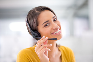 Image showing Smile, phone call and portrait of woman with headset, help desk and callcenter at crm office. Proud, happy or professional consultant with job in telemarketing, customer service and online support.