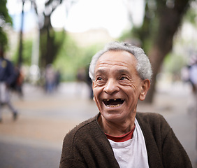 Image showing Old man, laugh and resting in park for retirement, happiness and good mood in South Africa. Cheerful, pensioner and smile for silly, goofy or funny story for stress relief, leisure or relaxation