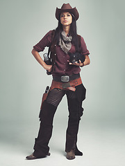 Image showing Woman, fashion and cowboy clothes, confident in portrait in studio, western character with pig and costume on white background. Wild west style, outlaw cosplay and vintage apparel with animal or pet