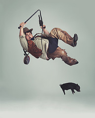 Image showing Cowboy, accident and man catching pig for texas culture in studio on gray background with space. Western, animal or noose and clumsy young person in costume with fail, mistake or oops for falling