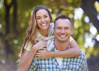 Image showing Portrait, embrace and couple with smile in park for summer romance, trees and fun outdoor date. Love, mature man and happy woman in garden with morning sunshine, hug and marriage bonding in nature.