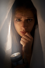 Image showing Woman, flashlight and portrait with blanket for mental health, horror or anxiety. Young person and scared or sad with depression, ocd or horror for financial crisis, stress and disappointment