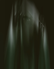 Image showing Person, hands and ghost face with mystery on black background for halloween horror, scary or evil. Dark, apparition and late night terror with glow shadows or spooky demon, nightmare or hallucination