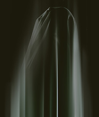 Image showing Veil, silhouette and dark for ghost, horror and supernatural in scary nightmare on black background. Surreal, scream and person for manifestation of monster, paranormal and terror for halloween