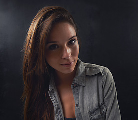 Image showing Woman, portrait and beauty or cosmetics in studio, makeup and wellness on black background. Female person, university student and aesthetic for gen z culture, confidence and smile for glowing skin