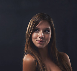 Image showing Woman, haircare and thinking on beauty in studio, idea and keratin treatment on black background. Female person, cosmetic transformation and pride for dermatology, confident and contemplating haircut