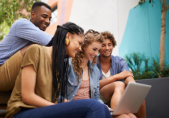 Image showing Laptop, scholarship and group of friends on university or college campus together for learning or study. Computer, smile or school education with happy young man and woman students on academy stairs
