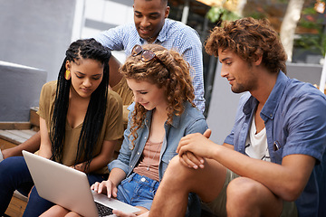 Image showing Laptop, education and group of students on university or school campus together for learning or study. Computer, smile or college project with happy young man and woman friends on academy stairs