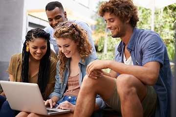 Image showing Laptop, education and group of friends on college or school campus together for learning or study. Computer, smile or university project with happy young man and woman students on academy stairs