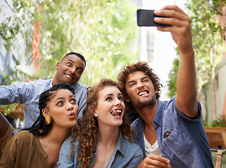 Image showing Funny, face and group of friends for selfie at university campus for profile picture update or social media post. Men, women and happy students with technology for memory, diversity and college fun