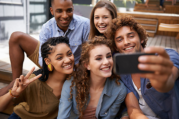 Image showing Smile, face and group of friends for selfie at university campus for profile picture update or social media post. Men, women and happy students with technology for memory, diversity and college fun