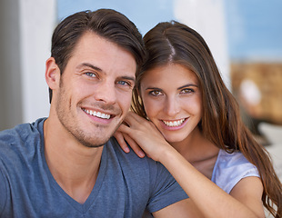 Image showing Happy couple, portrait and relax with love for relationship, bonding or support together at home. Face of young man and woman with smile in happiness or satisfaction for holiday weekend at apartment