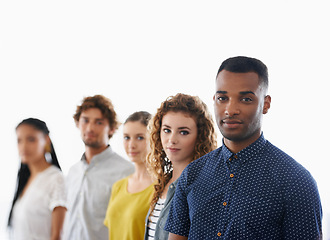 Image showing Internship, diversity and portrait of people, employees in row on white background. Recruitment, new job and opportunities for career path, candidates and wait for evaluation process in studio