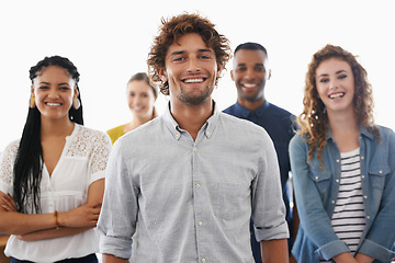 Image showing Business people, portrait and smile with teamwork in office for recruitment, onboarding or hiring process at work. Collaboration, professional workers and face with pride, diversity and creative team