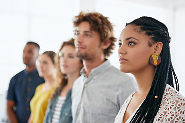 Image showing Line, woman and group with diversity for recruitment in row, waiting and serious for career opportunity. People, candidates and onboarding team with pride, confidence and interview process at company