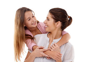 Image showing Mother, child and hug in studio with smile for love, security and comfort, bonding and trust on white background. Nurture, safety and support with happy woman and young girl for family time together