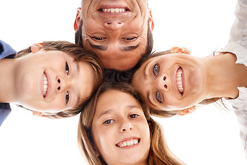 Image showing Portrait of mother, father and children on a white background for bonding, relationship and love. Family, happy and low angle of isolated mom, dad and kids for support, care and relax in studio