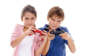 Image showing Kids, video game and controller for siblings in studio, portrait and competition by white background. Girl, boy or family children with gaming, press and contest with strategy, cheating or playing