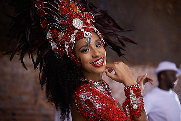 Image showing Carnival, dancing and woman in portrait for event in Brazil, dancer with gemstone outfit and feather head gear outdoor. Music, samba and happiness for performance and culture with festival and talent