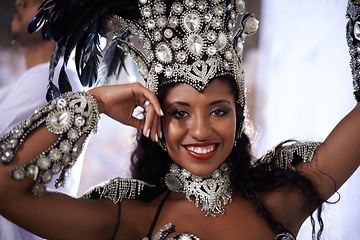 Image showing Happy woman, portrait and samba dancer at festival with fashion for performance at carnival or concert. Face of Brazilian female person or exotic performer with smile for dancing or party in Rio