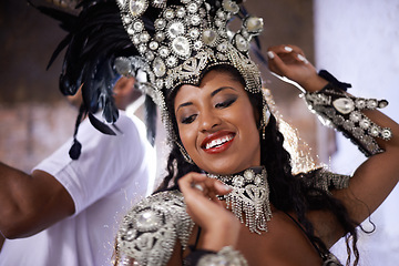 Image showing Happy woman, samba dancer and festival with performance in fashion at carnival or concert. Face of Brazilian female person or young exotic performer with smile for dancing, event or party in Rio