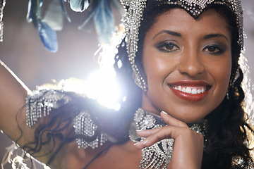 Image showing Woman, confident and portrait of samba dancer at night for carnival season in Rio de janeiro, celebration and happy with costume for culture. Female person, festival and unique fashion with closeup