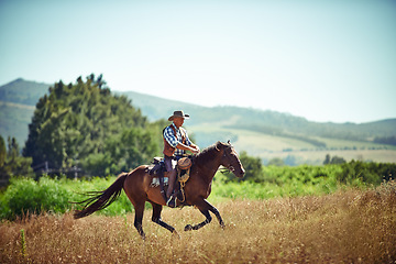Image showing Cowboy, fast and man riding horse with saddle on field in countryside for equestrian or training. Nature, summer and speed with mature horseback rider on blue sky at ranch outdoor in rural Texas