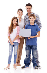 Image showing Parents, children and studio with space on placard in portrait with smile for love with empty board by white background. Mother, father and kids with mockup, promotion or happy for poster with family