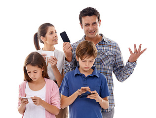 Image showing Family, phone and online in studio with internet for text message, email conversation and video streaming. Father, mother and children with smartphone, technology and mobile chat on white background