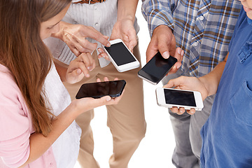 Image showing Family, networking and phone mockup with circle for social media, connectivity or communication on a white studio background. Group of people, child or kid on mobile smartphone for sync or connection