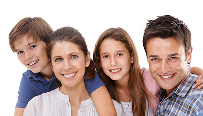 Image showing Happy family, portrait and hug with kids for embrace, bonding or support on a white studio background. Face of mother, father and children with smile for love, care or trust on holiday or weekend