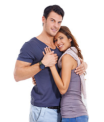 Image showing Portrait, smile and couple hug for love, romance or commitment to marriage isolated on a white studio background. Care, man and happy woman embrace for connection, support and healthy relationship