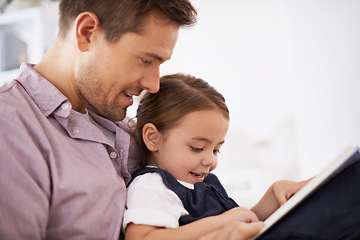 Image showing Father, kid with book for reading and storytelling, happy with bonding at home and knowledge for education. Man, young girl and story time for fantasy and learn with love and care together in lounge