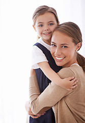 Image showing Mother, kid and hug for love and security, happy in portrait with bonding and care at family home. Safety, trust and affection with embrace to nurture and people with joy and comfort for connection