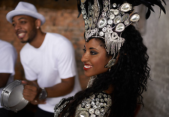 Image showing Happy woman, samba dancer and concert with band for performance at carnival or festival. Face of Brazilian female person or exotic performer with smile or cultural fashion for dancing or party in Rio