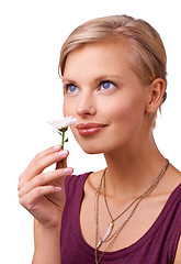 Image showing Studio, young woman and smelling a flower on white background for scent of perfume for botanicals. Model, thinking or creative inspiration with daisy for stress relief or happy idea with floral plant